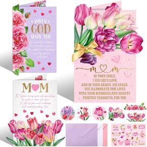 12 Pack Mother's Day Cards Bulk 3D Happy Mothers Day Card Making Kits with Envelopes Stickers Ribbon and Tulip Cutout Handmade Gifts for Mom Wife Daughter Women Friends