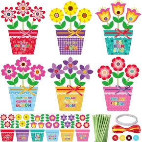 Kosiz 24 Sets Mother's Day Crafts Kit for Kids Flower Card Making Kit with Buttons Straws Ribbon DIY Flower Pot Handmade Greeting Card for Mother's Day Gift Home School Classroom Art Activities