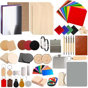 Fecuheko 146Pcs Laser Engraving Material Kit, 25 Kinds Blanks for DIY Crafts Includes Wood, Acrylic, Metal, Fabric, Rock, PU Leather,Diatom Mud Blanks Material