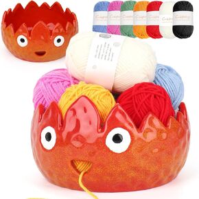 Coopay Flame Yarn Bowl for Crocheting/Knitting, Cute Yarn Storage Bowl with 7PCS Yarn, Large Size Ceramic Yarn Bowl Crochet Knitting Bowl for Beginners, Great Knitting Crochet Gift (7in) in Kuwait