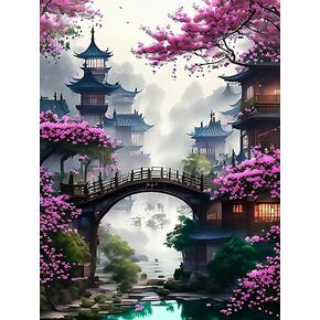 Semneroy Cherry Blossoms Diamond Painting Kits for Adult Beginners, Traditional Architecture Diamond Art Kits,Full Drill Paint with Diamond Dot Gem Art Painting for Home Decor 12x16 inch