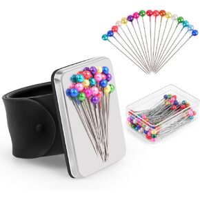 Magnetic Pincushion Wristband Rose Red 9.5" with 100 Pcs 1.5 Inch Colorful Ball Head Sewing Pins Set, Magnetic Pin Cushion Wrist Holder for Sewing, Silicone Wrist Pin Holder for Quilting and Braiding