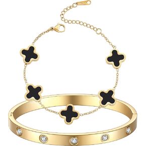 18K Gold Plated Clover Bracelet Love bangle Set for Women Stack Cute Fashion Simple Friendship Bracelet Lucky Link Bracelets Jewelry Gifts Trendy for Women