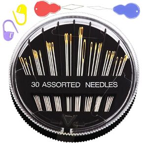 34Pack Premium Sewing Needles for Hand Sewing Repair, 6 Sizes Assorted Needles 1 Measuring Tape,with 2 Threaders, Sewing Needles for Handsewing, Large Eye Stitching Needles