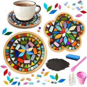 Diy Mosaic Craft Kit For Adults,Stained Glass Kits Mosaics Tiles For Crafts With Large Wooden Coaster Making Materials Package,Mosaic Ceramic Bulk Supplies For Women Kids Beginners Decor Gifts