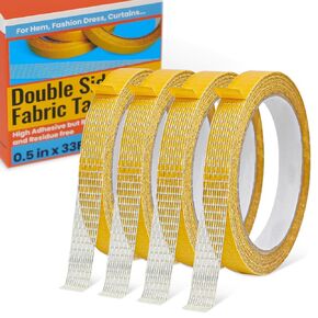 Double Sided Fabric Tape Heavy Duty for Hem, Fashion Dress, Cloth, Curtains, High Adhesive Sticky but Removable and Residue free, No Sewing or Ironing need, Multipurpose, 0.5 in x 33FT/10m x 4Rolls