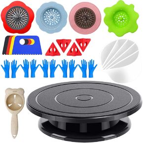 Angela&Alex 11" Rotate Turnable Sculpting Wheel with Acrylic Pouring Strainers Scraper Cone Painter Support Stands Gloves Painting Tools Unique Pattern Train Art Supplies