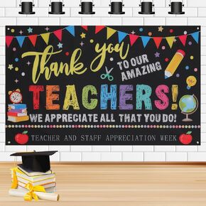 Thank You Teachers Teacher Appreciation Week Backdrop Banner Decorations, Teacher and Staff Appreciation Banners Decoration for Classroom, School Office Decor, Photo Booth Props Background