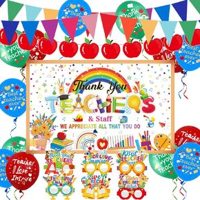 Thank You Teachers Staff Decorations for Teacher Appreciation Week, School Classroom Decorations Background Banner, Apple Garland, Paper Eyeglasses, Best Teacher Ever Latex Balloons