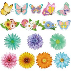 Spring Bulletin Board Decorations for Classroom- 48 Pcs Colorful Butterfly Flower Paper Cutouts with Dot Glue for Home School Classroom Wall Door Decorations, Floral Party Supplies