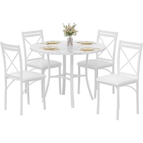 VECELO 5 Piece Dining Table Set for 4, Faux Marble Dinette with Chairs for Kitchen, Breakfast Nook, Small Space, Off White