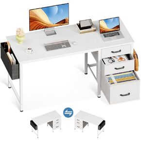 Casaottima 40" Small Computer Home Office Desk for Bedroom with Fabric Drawers & File Cabinet, Cloth Storage Bag and Hook, Writing Study Work Table for Small Space, White