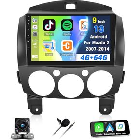 2+64G Android 13 Car Stereo for Mazda 2 2007-2014 with Wireless Apple Carplay Android Auto,9" Touchscreen Car Radio with WiFi,GPS Navigation,Bluetooth,FM/RDS Radio,SWC,AUX-in,HiFi+AHD Backup Camera