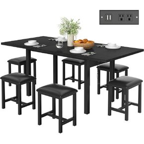 VECELO 7-Piece Dining Table Set with 6 Square Stools, 63" Expandable Kitchen Table with USB Charging & Metal Frame for 2/4/6, Wood Dinette Perfect for Small Spaces, Easy Assembly, Dark Black