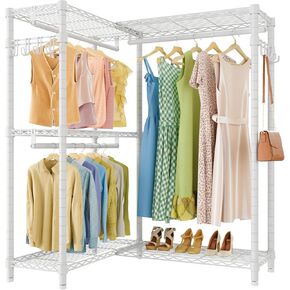 VIPEK L4S Garment Rack L Shaped Clothes Rack for Corner, Freestanding Portable Wardrobe Closet Heavy Duty Clothing Rack with 3 Hanging Rods & 2 Side Hooks, 43.3"Lx29.1"Wx76.4"H, Max Load 810LBS, Black