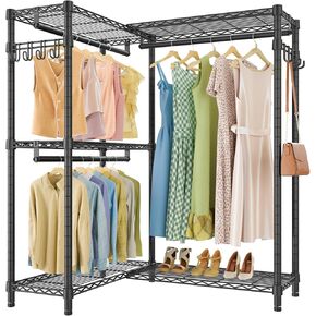VIPEK L4S Garment Rack L Shaped Clothes Rack for Corner, Freestanding Portable Wardrobe Closet Heavy Duty Clothing Rack with 3 Hanging Rods & 2 Side Hooks, 43.3"Lx29.1"Wx76.4"H, Max Load 810LBS, Black in Kuwait