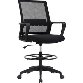 Drafting Chair Tall Office Chair Adjustable Swivel Rolling Mesh Height with Lumbar Support Arms Footrest Mid Back for Adults Standing Desk Drafting Stool(Black)