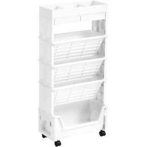 AGTEK 5 Tier Rolling Utility Cart, Book Cart with Wheels, Office Book Carts with Divided Top Shelf for Organizing Books and Supplies in Home, Office, Classroom, White