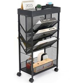 gianotter Book Rack Storage Bookshelf, 5 Tier Book Carts with Wheels, Rolling Cart Organizer for Study Office Kitchen Classroom