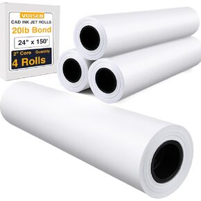 VOISEN Wide Format Paper,4 Rolls Plotter Paper 24 In x 150 Ft, CAD Bond Rolls,20lb,Bond Paper on 2" Core for CAD Printing on Wide Format Ink Jet Printers