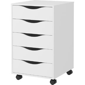 QDSSDECO 5 Drawer Chest Wood File Cabinet Rolling Storage Dresser with Wheels for Home Office, White