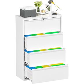 Suncrown 4 Drawer File Cabinet ، 35.5 "W خزانات ملفات معدنية مع القفل ، مناسبة لملفات مدرسة Home Office معلقة رسالة/قانوني/F4/A4 (أبيض)