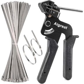 200PCS Metal tie wrap gun Kit, Aigreat Stainless Steel Cable Tie Gun Adjustable Tensioning and Cutting Tool with 200pcs 304 Self-Locking Stainless Steel Cable Ties of sizes 4.6x270mm