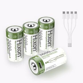 Hixon 1.5V USB Rechargeable Lithium Batteries D Size, 6000mWh Rechargeable D Battery, Charges 3 Hours, Over 1500 Cycles, 2-in-1 USB-A to USB-C Charging Cable, LED Charge Indicator, 2-Pack