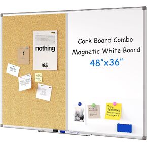 Tqvai 48x36 Magnetic Dry Erase Whiteboard & Cork Bulletin Board Combo ، لوحة حائط مؤطرة من الألومنيوم مع علامات ، صينية القلم ، المغناطيس - للمكتب ، الفصل ، التخطيط المنزلي ، المذكرة ، رسم الأطفال