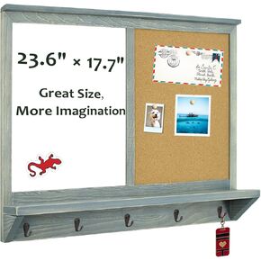 TORASO Dry Erase Board & Cork Board, Whiteboard & Bulletin Board Combo, Wall-Mounted Mail Sorter, & Key Hooks, Solid Pine Wood Vintage Gray Frame(Mail BB-GY-4560)