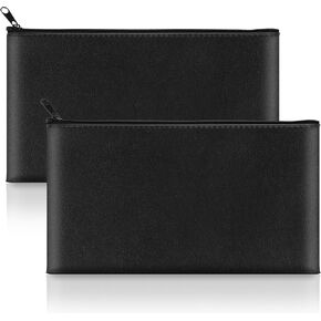 2 Pack Money Bags with Zipper, 11x6.1 Inch PU Leather Cash Pouch, Secure Bank Bag for Coins, Bills, Checks, Invoices, Cosmetics, Tools (Black)