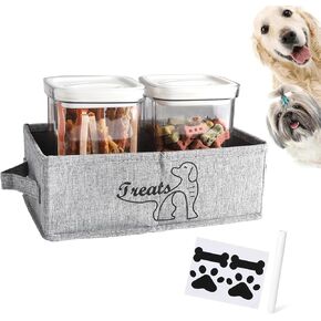 Dog Treat Container for Countertop,Dog Cat Treat Organizer with 2 Jars,Cat Treat Container,Pet Food Storage For Puppy Kitten-Fabric Dog Treat Station Pet Food Box Set With Handle- Paw Print