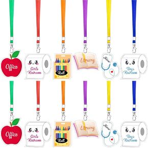 12 مجموعات Acrylic Hall Pass Lanyards School Pass Set Set Pass for Chapricts Prace Class Class Squares للحمام والمكتبة والمكتب والممرضة في الفصول الدراسية.