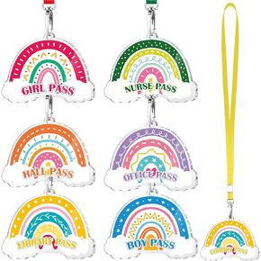 6 Sets Acrylic Hall Pass Lanyards and School Passes Set Unbreakable Lovely and Cute Classroom Passes for Restroom Library Boy Girl and Nurse Teachers Classroom School Supplies