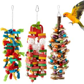 3 Pcs Extra Large Bird Parrot Toy Multicolored Natural Wooden Parrot Cage Chewing Toys for Large Medium Macaws Cockatoos African Grey Birds(Block and Ball)