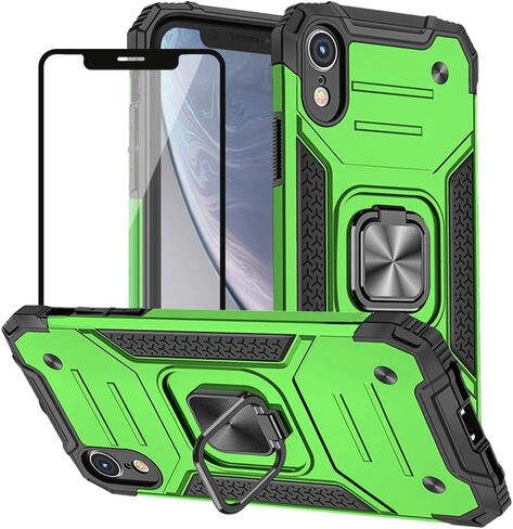 HNHYGETE for iPhone XR Phone Case with Screen Protector: (Heavy Duty) Military Grade 360° Rotatable Kickstand Shockproof Protective Cases for iPhone XR (Green) in Kuwait