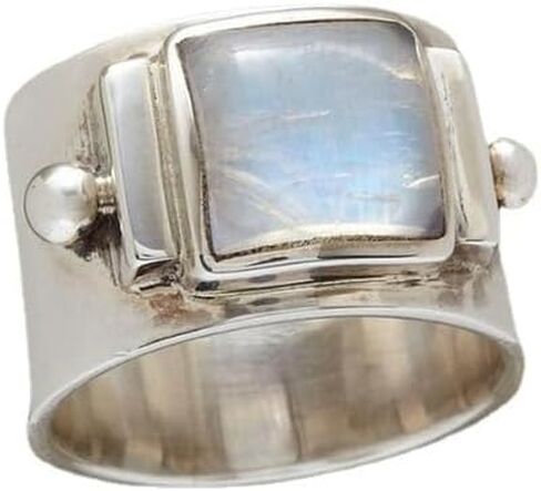 Htayekog Moonstone Band Band Ring 925 Sterling Silver Square Cut Moonstone Band Ring Boho Vintage Rainbow Natural Moonstone بيان Solitaire Retro Square Promise Ring للنساء （10） in Kuwait