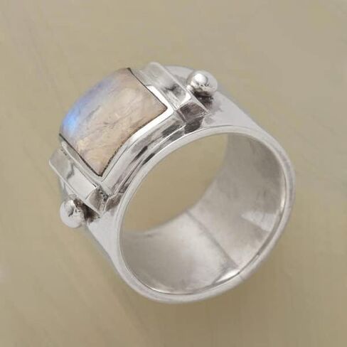Htayekog Moonstone Band Band Ring 925 Sterling Silver Square Cut Moonstone Band Ring Boho Vintage Rainbow Natural Moonstone بيان Solitaire Retro Square Promise Ring للنساء （10） in Kuwait