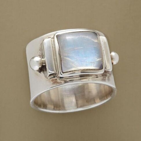 Htayekog Moonstone Band Band Ring 925 Sterling Silver Square Cut Moonstone Band Ring Boho Vintage Rainbow Natural Moonstone بيان Solitaire Retro Square Promise Ring للنساء （10） in Kuwait