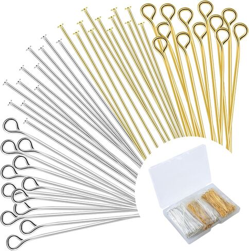 600 Pieces 2Inch/50mm Eye Pins Head Pins for Jewelry Making DIY, Straight Gold & Sliver Earring Making Finding Pin Metal End Flat Headpins for Craft Bracelet Necklace Pendant Supplies for Adults in Kuwait