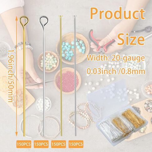 600 Pieces 2Inch/50mm Eye Pins Head Pins for Jewelry Making DIY, Straight Gold & Sliver Earring Making Finding Pin Metal End Flat Headpins for Craft Bracelet Necklace Pendant Supplies for Adults in Kuwait
