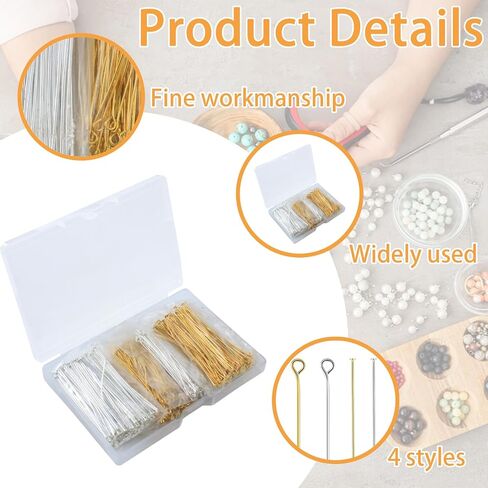 600 Pieces 2Inch/50mm Eye Pins Head Pins for Jewelry Making DIY, Straight Gold & Sliver Earring Making Finding Pin Metal End Flat Headpins for Craft Bracelet Necklace Pendant Supplies for Adults in Kuwait