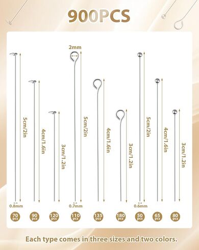 FIVEIZERO Eye Pins and Flat Head Pins for Jewelry Making, 900 PCS Metal Eyepins, Headpins & Ball Head Pins for DIY Earrings, Necklaces, Bracelets, Pendants, 1.2", 1.6", 2", Gold & Silver in Saudi Arabia