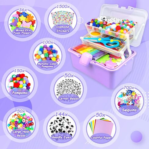 3000 Arts and Crafts Supplies for Kids Craft Kit Craft Box with Pipe Cleaners Arts and Crafts for Kids Age 4-6, 6-8, 8-12 DIY School Supplies Materials Set Toys Gifts for Girls Boys Toddlers, Purple in Kuwait