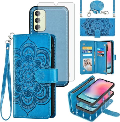 حافظة هاتف Asuwish لهاتف Samsung Galaxy A24 4G/5G بسحاب محفظة مغناطيسية قابلة للفصل مع واقي شاشة من الزجاج المقسى وحزام كروس وحامل بطاقة زهرة A 24 24A LTE للنساء والفتيات باللون الذهبي الوردي in Saudi Arabia
