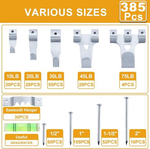 شماعات صور Kurui ، 385pcs صورة معلقة مع السنانير الشاقة معلقة ، Sawtooth ، أظافر الأجهزة وأداة تعليق الصور ، شماعات الجدار للإطار ، الرسم ، الفن ، الصورة (أسود) in Kuwait