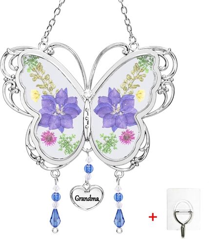 BOGDAN Crystal Butterfly Suncatcher with Pressed Flower Wings Mom Mother's Day Butterfly Glass Wind Chime Ornament Charm with Metal Heart Happy Birthday Gifts for Grandma with Free Hook (Grandma) in Saudi Arabia