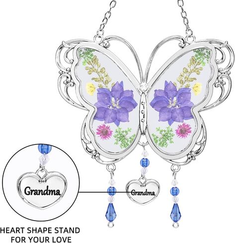 BOGDAN Crystal Butterfly Suncatcher with Pressed Flower Wings Mom Mother's Day Butterfly Glass Wind Chime Ornament Charm with Metal Heart Happy Birthday Gifts for Grandma with Free Hook (Grandma) in Saudi Arabia