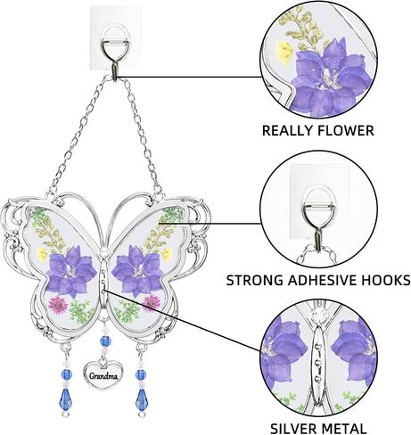 BOGDAN Crystal Butterfly Suncatcher with Pressed Flower Wings Mom Mother's Day Butterfly Glass Wind Chime Ornament Charm with Metal Heart Happy Birthday Gifts for Grandma with Free Hook (Grandma) in Saudi Arabia