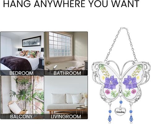 BOGDAN Crystal Butterfly Suncatcher with Pressed Flower Wings Mom Mother's Day Butterfly Glass Wind Chime Ornament Charm with Metal Heart Happy Birthday Gifts for Grandma with Free Hook (Grandma) in Saudi Arabia